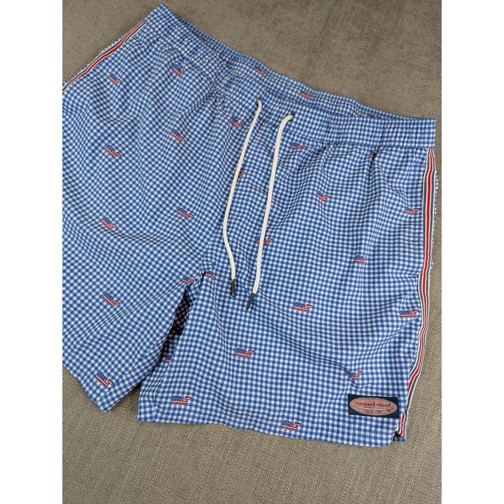 Vineyard Vines Swim Trunks Mens XL Blue Shorts Check Flag Whales Red White Blue